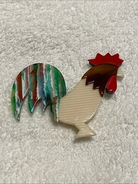 Vintage Designer Lea Stein Paris celluloid cockerel rooster brooch